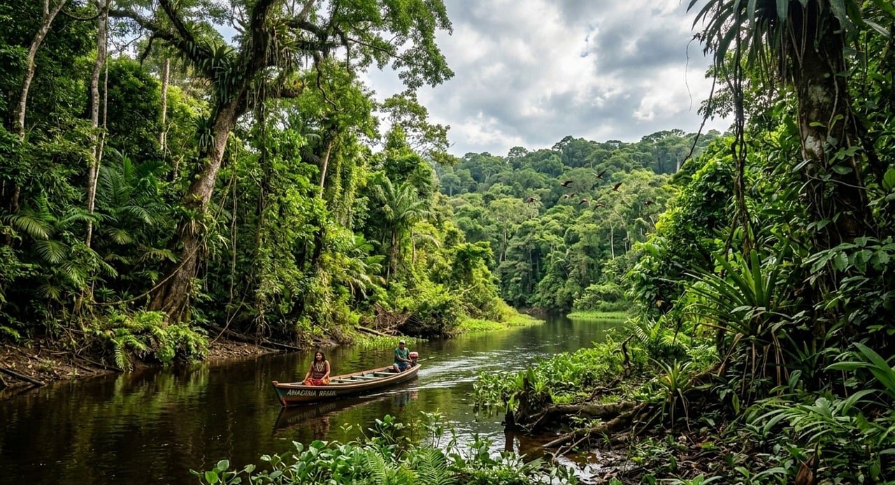 amazon river, amazon, nature, river, brazil, water, jungle, boat, landscape, tropical, tree, forest, trees, ai generated